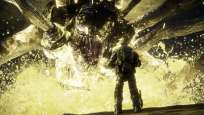 Gears of War: Reloaded – Capture d’écran montrant une silhouette humaine face à une gigantesque créature crachant de la bile