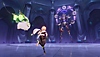Captura de ecrã de Genshin Impact 3.2 que mostra uma personagem diante uma entidade enorme rodeada de símbolos roxos flutuantes