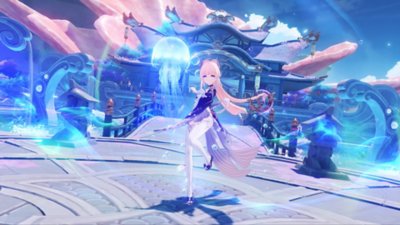 Genshin Impact screenshot showing a character posing in front of a house, with blue light and blue spectral jellyfish