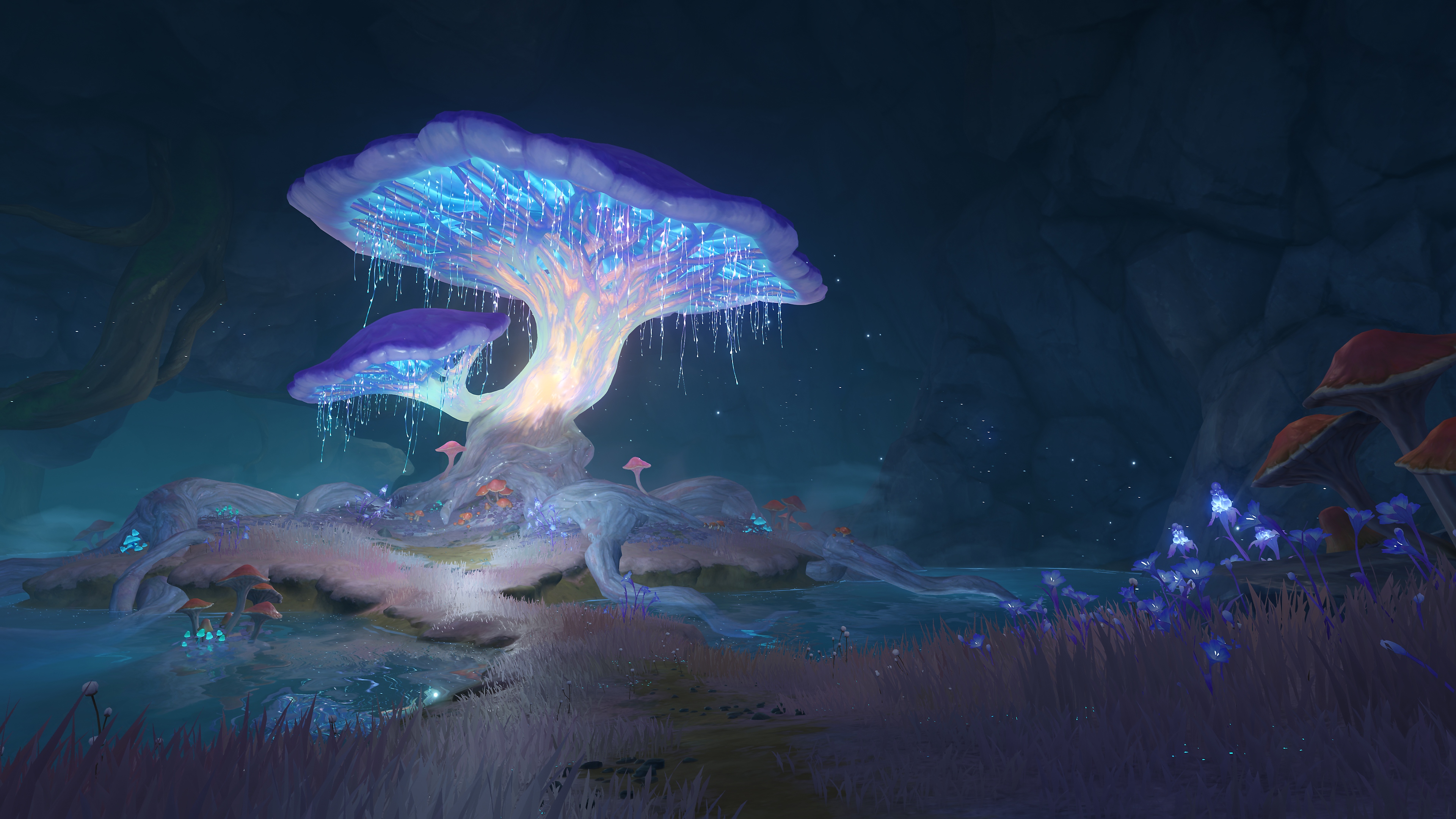 《原神》：2.6更新截屏，展示类似洞窟或地底场景中的发光蘑菇