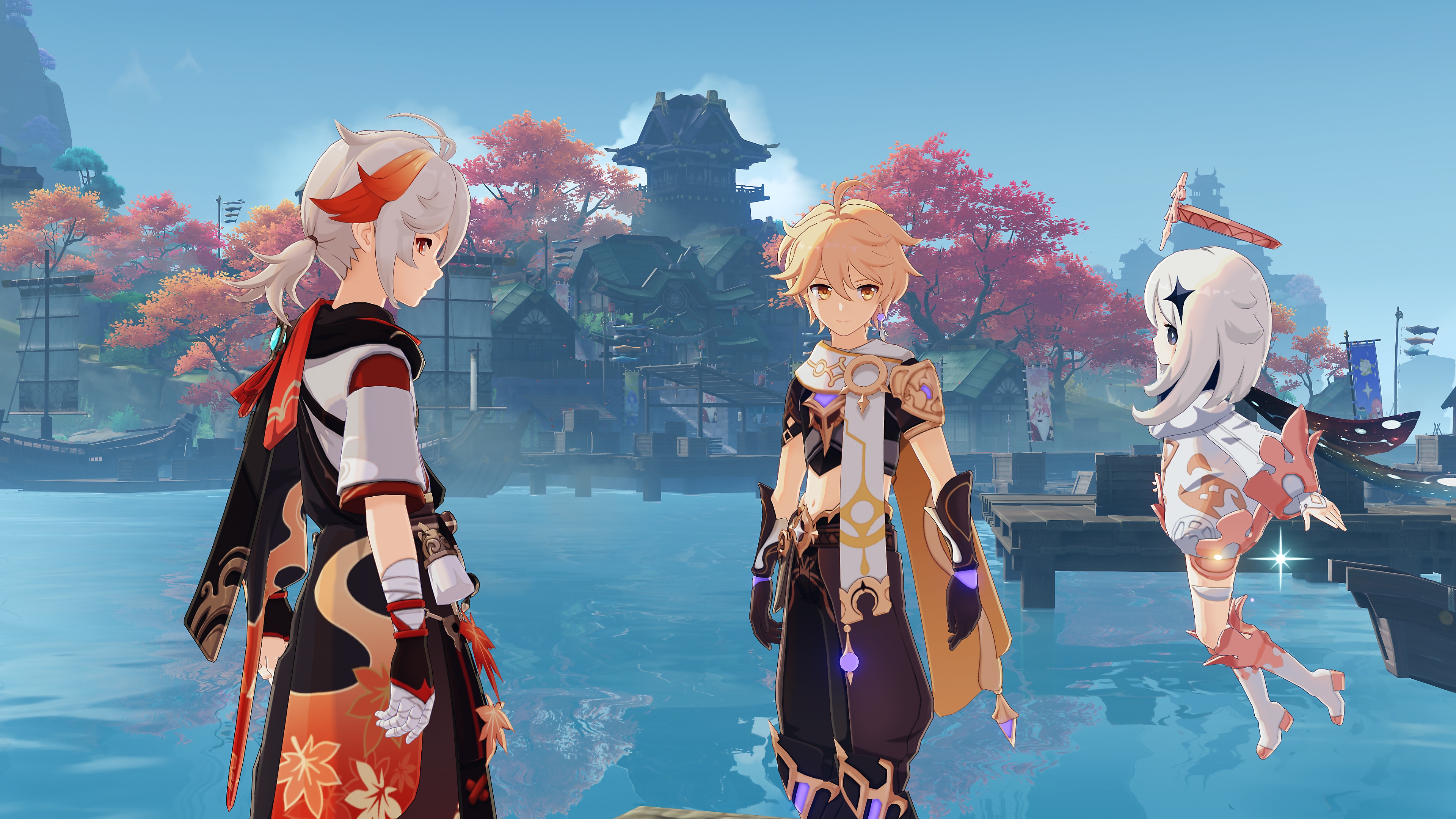 Genshin Impact: 2.6 Güncellemesi ekran görüntüsünde, sohbet eden üç karakter yer alıyor
