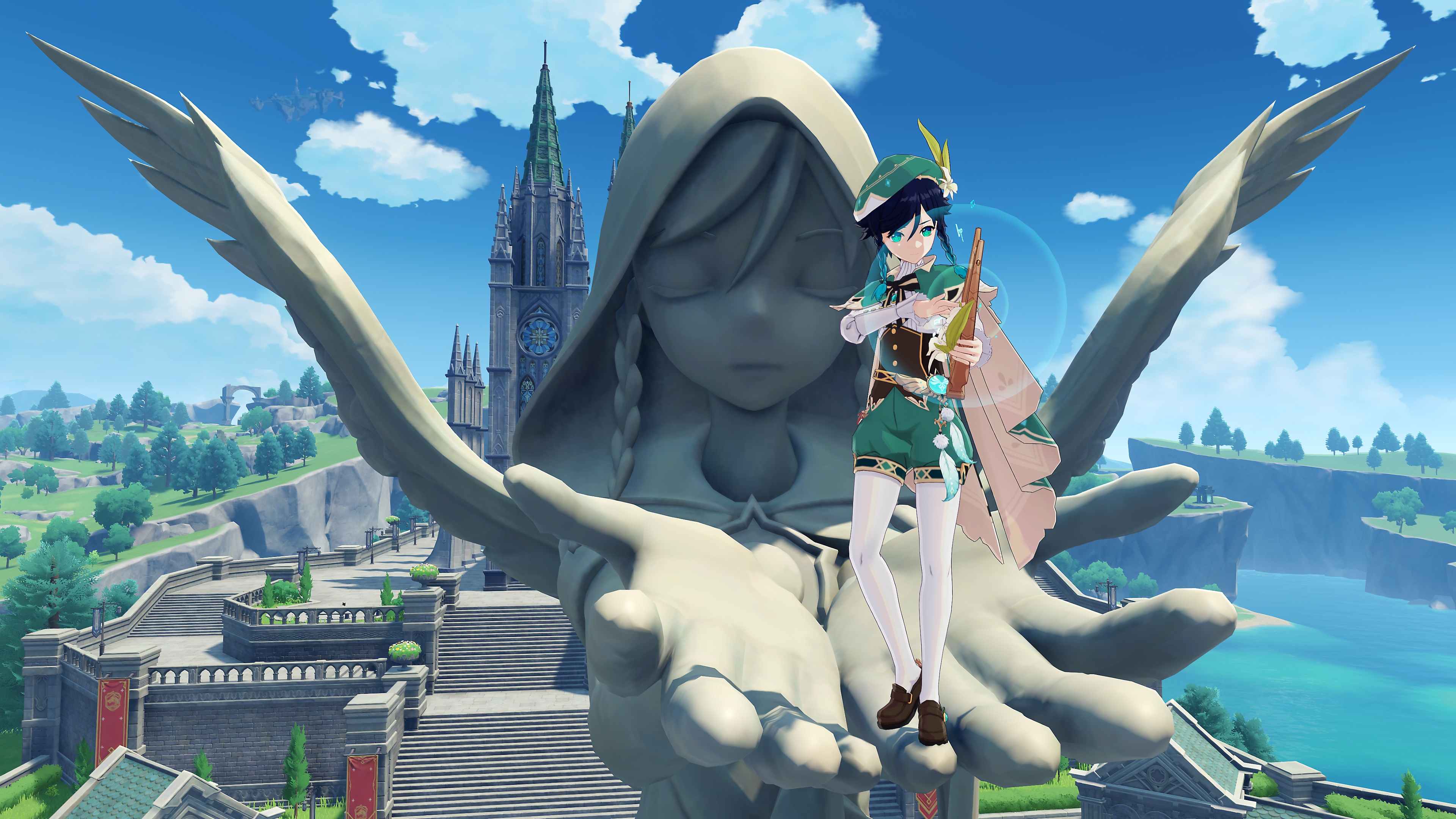 Genshin Impact: Update 2.6 – Screenshot von einem Charakter, der auf den Händen einer großen Steinstatue steht