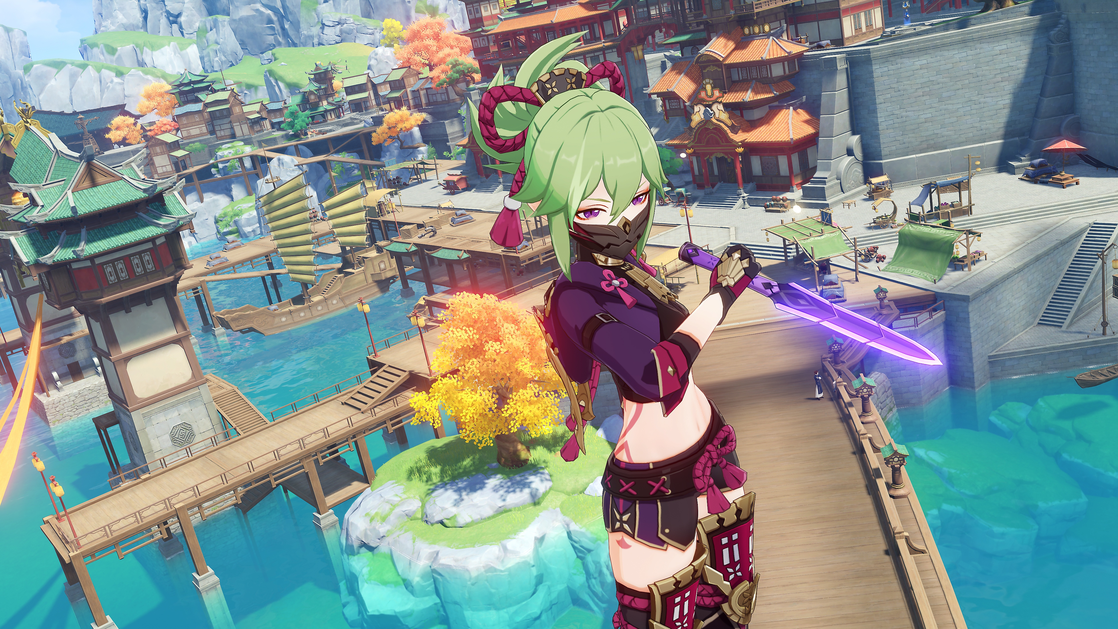 Genshin Impact: 2.7 Update-screenshot van een personage met groen haar dat een gloeiend, paars zwaard vasthoudt