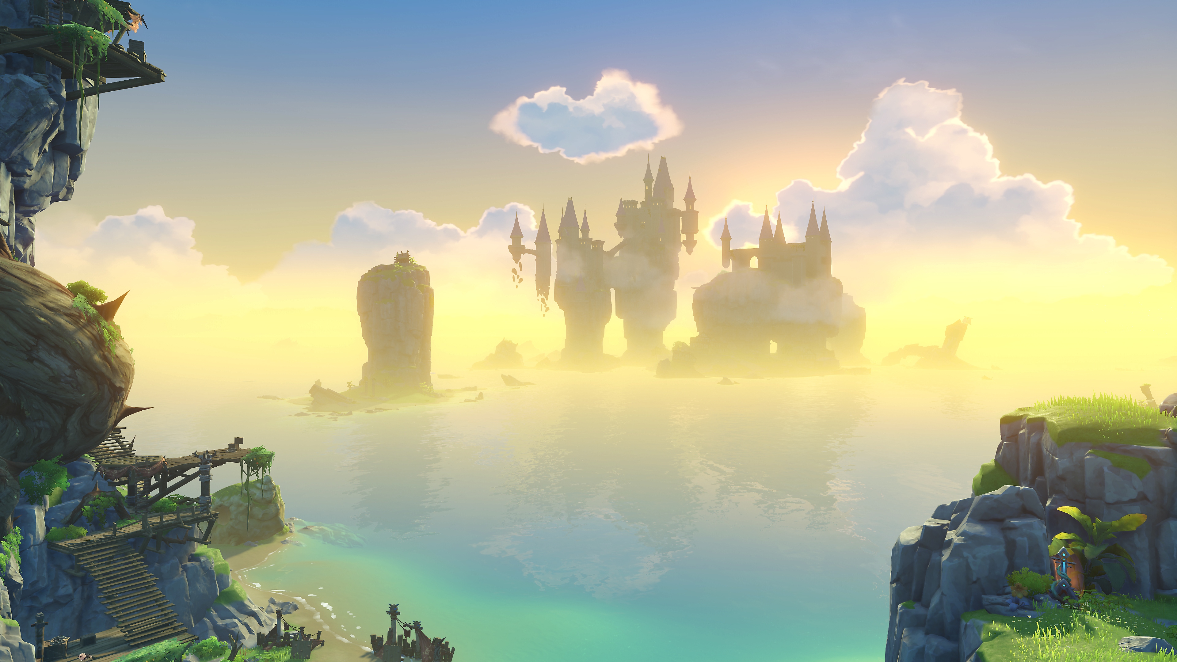 Genshin Impact:‎ التحديث رقم 2.8 - لقطة شاشة من اللعبة يظهر فيها منظر للمحيط مع مبانٍ ترتفع عن الماء