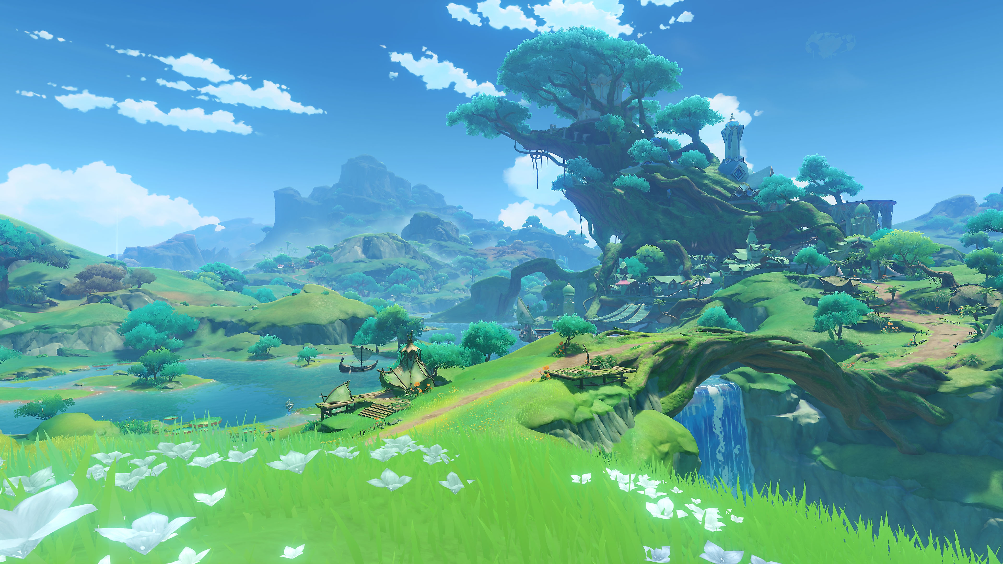 Impacto de GenShin: Captura de pantalla de la actualización 3.0 que muestra un exuberante paisaje verde