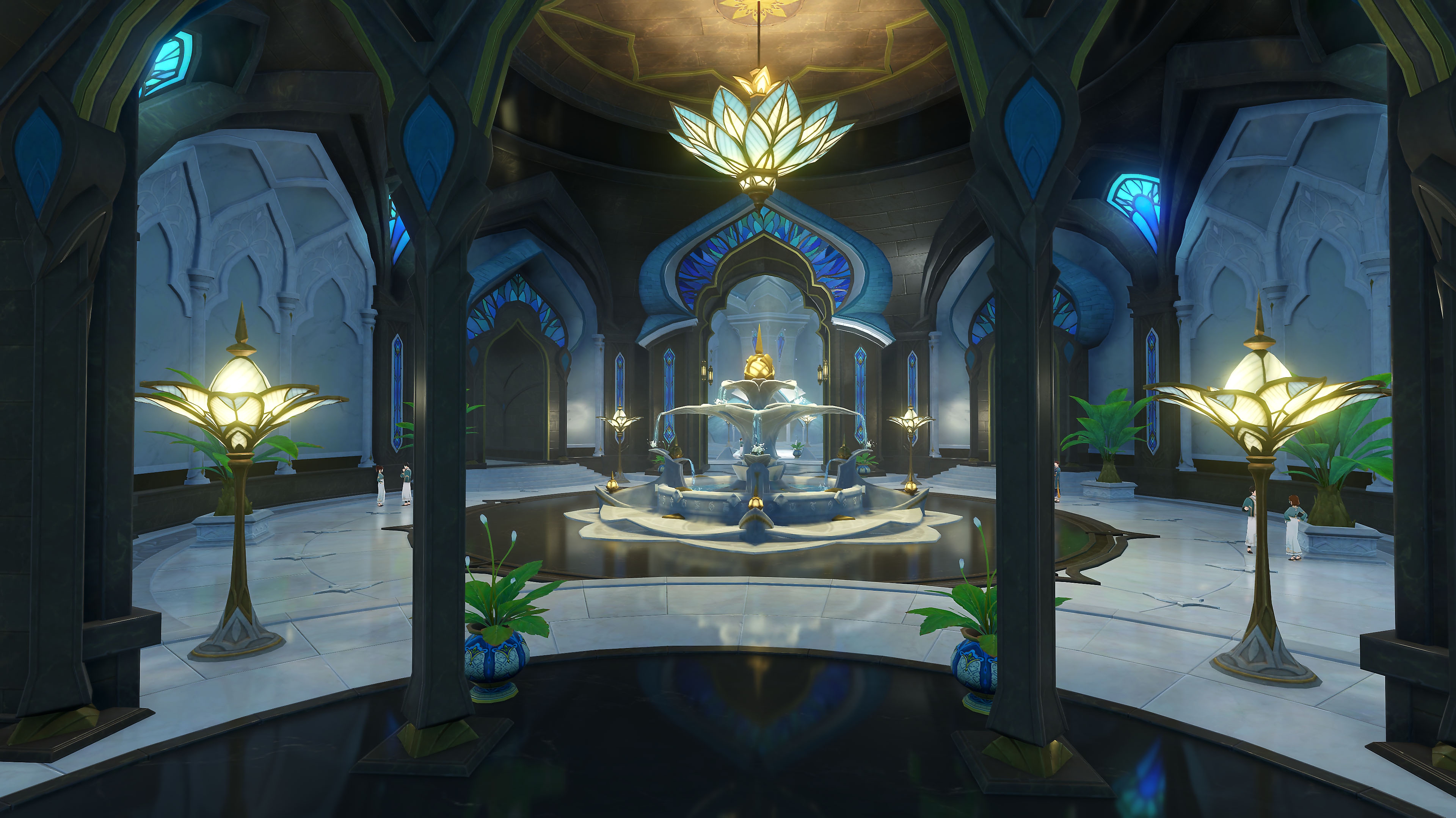 《原神》：3.0更新截屏，展示中庭里的一座喷泉