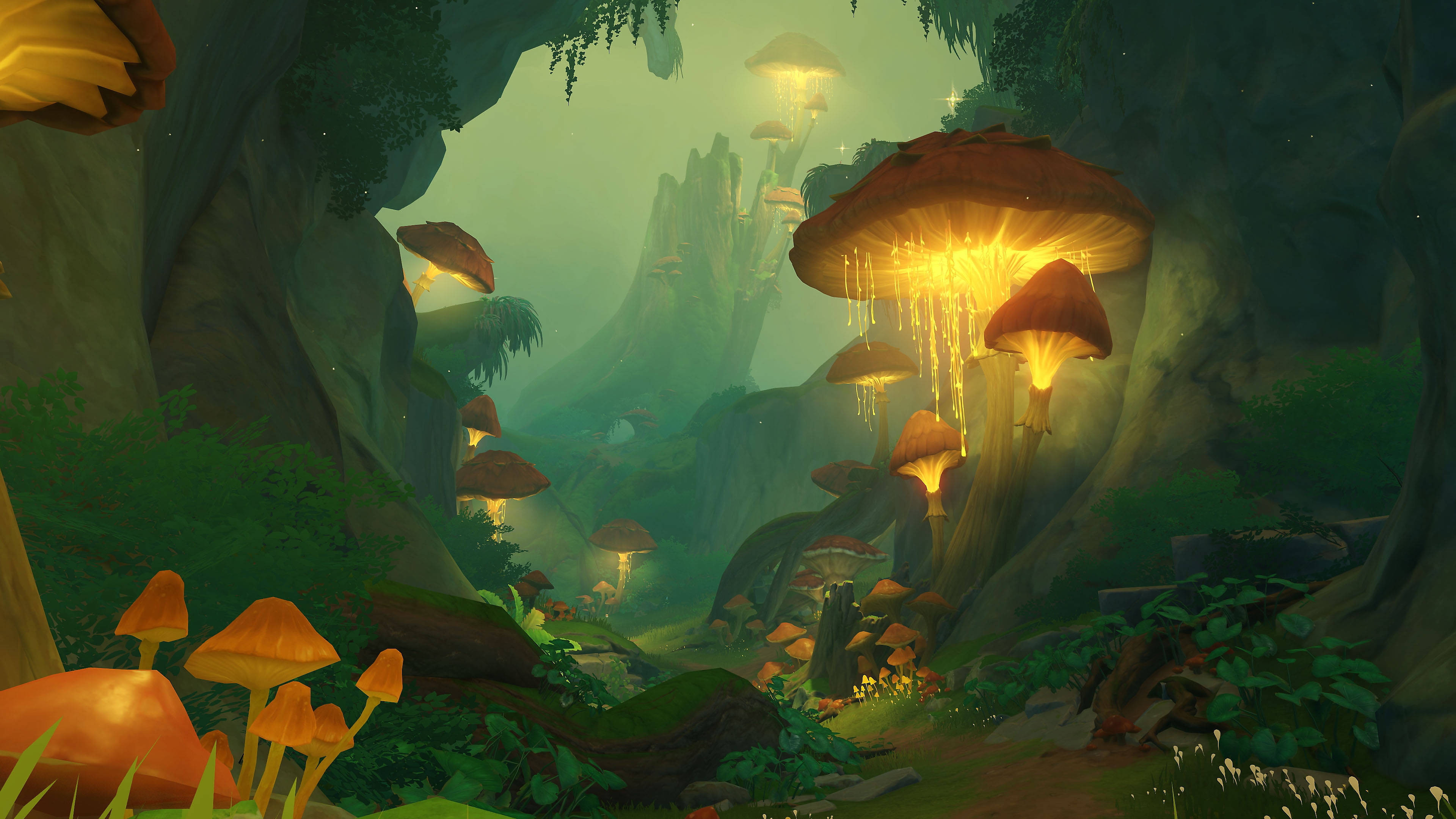 Impacto de GenShin: Captura de pantalla de la actualización 3.0 que muestra una escena de selva tropical con hongos brillantes