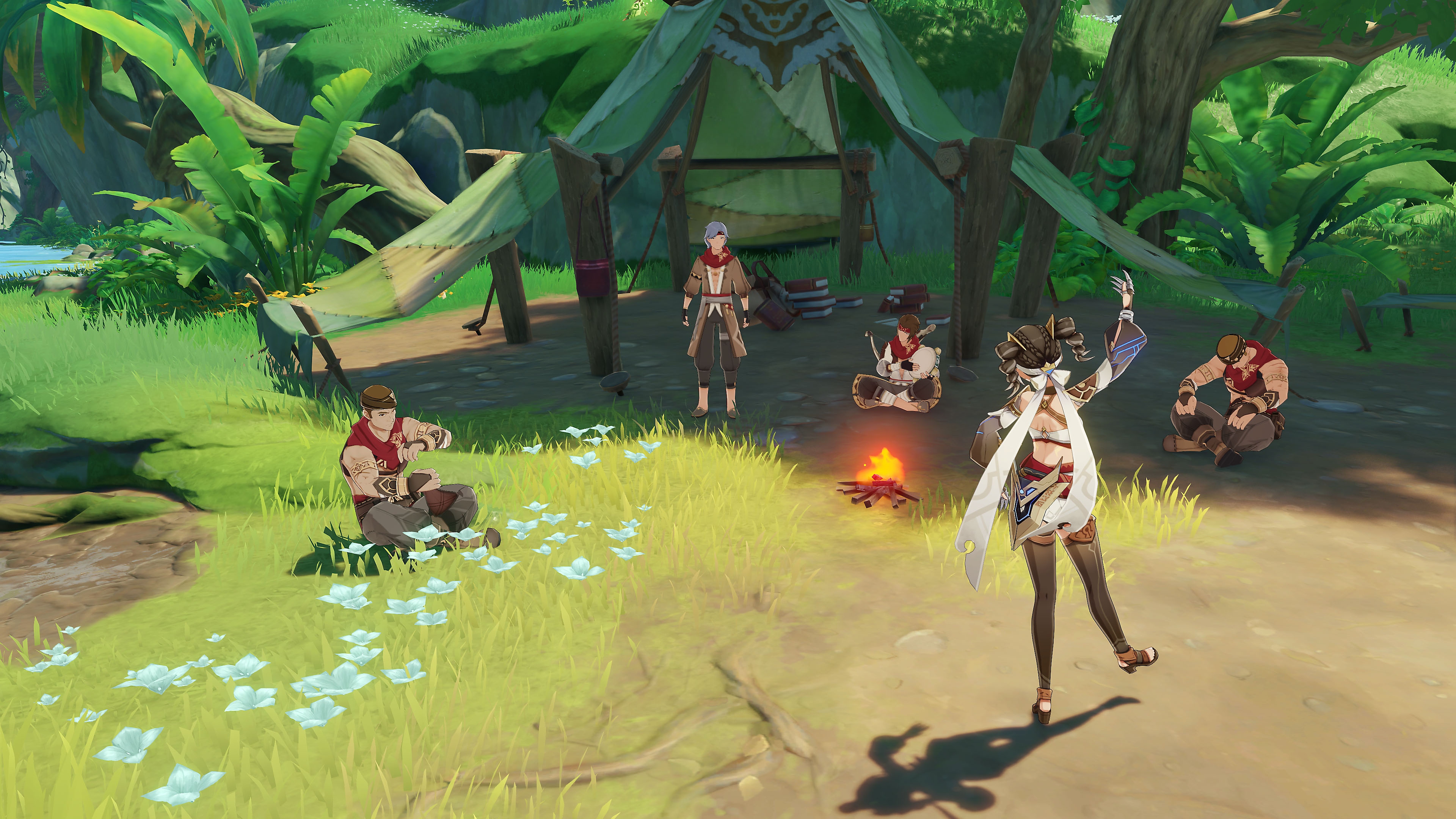 Impacto de GenShin: Captura de pantalla de la actualización 3.0 que muestra varios personajes sentados alrededor de una fogata