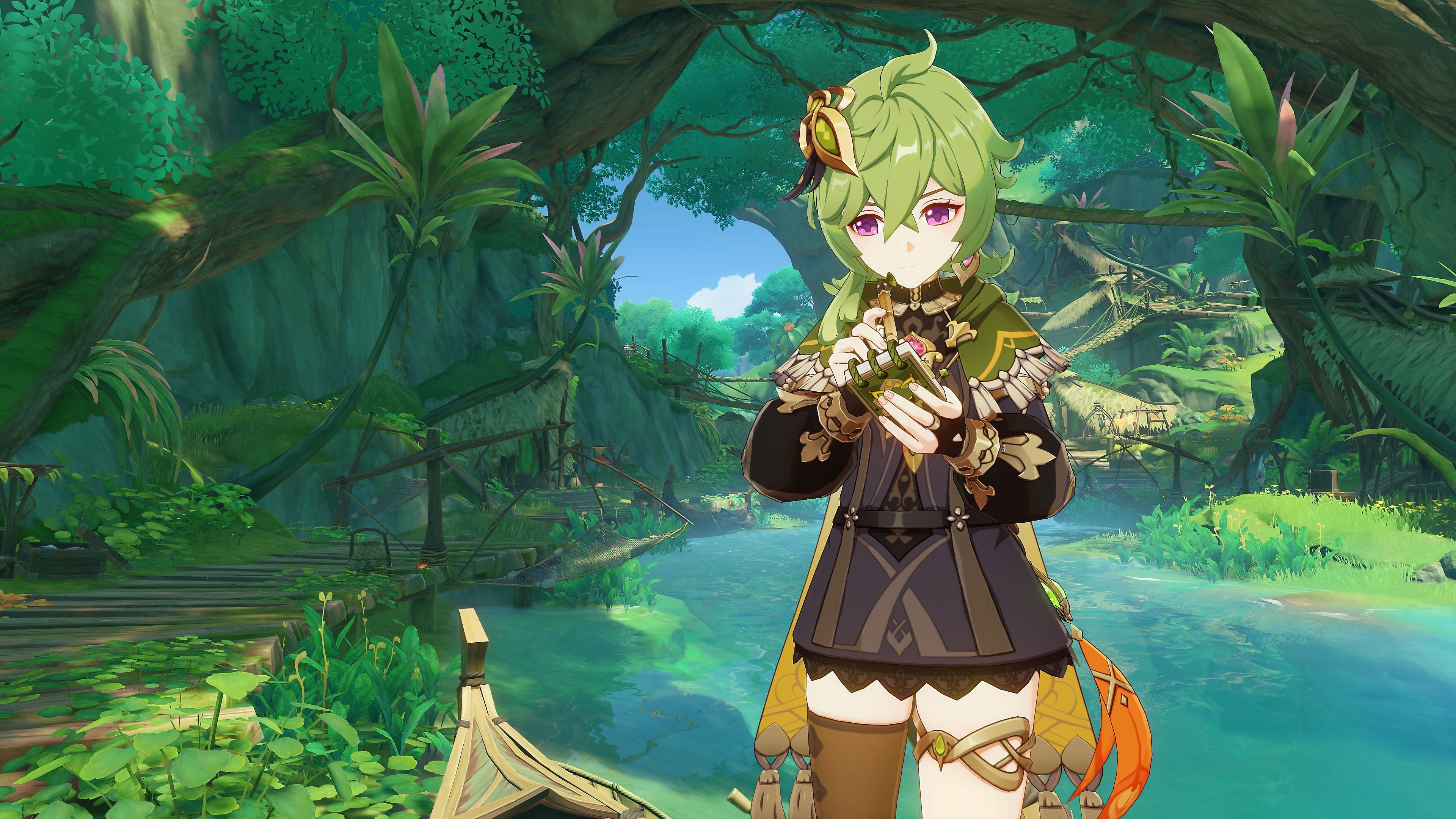 Impacto de GenShin: Captura de pantalla de la actualización 3.0 que muestra un personaje con cabellos verdes en una escena de bosque tropical