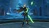Genshin Impact 3.4 – posnetek zaslona s prikazom lika, ki vihti žareče zeleno, meču podobno orožje