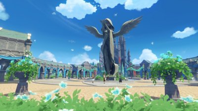 Genshin Impact 3.5 screenshot showing a human-like statue with wings in the middle of a town square