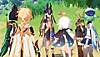 Captura de tela de Genshin Impact 3.5 mostrando um grupo de personagens reunindo-se numa trilha de terra