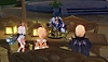 Genshin Impact 3.5-screenshot van een groep personages rondom een houten tafel, verlicht door lantaarns