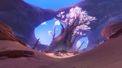 Genshin Impact 3.5 screenshot showing a large tree with pink blossom in the middle of a canyon-like scene