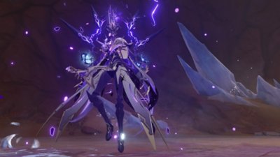 Genshin Impact 3.5 screenshot showing a floating character surrounded by purple electricity bolts