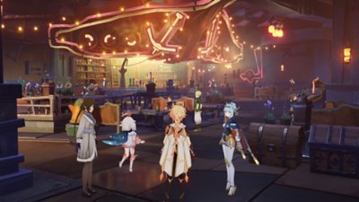 Genshin Impact 6.0 screenshot showing characters assembling in a pirate themed restaurant