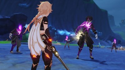 Genshin Impact 6.0 screenshot showing a player facing an enemy with purple shatter marks on them 