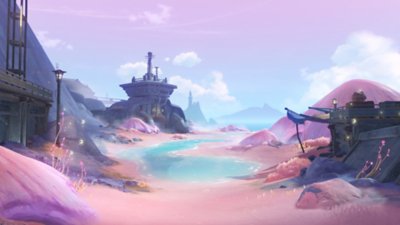 Genshin Impact 6.0 screenshot showing a lake surrounded by industrial structures, and pink grass and a pink sky 