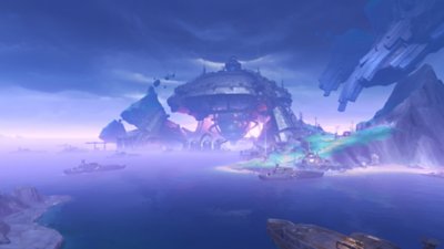 Genshin Impact 6.0 screenshot showing an industrial structure next to a large body of water at night 