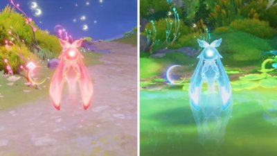 Genshin Impact 6.0 screenshot showing a red moth-like creature on the left and a blue moth-like creature on the right 