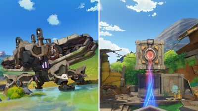 Genshin Impact 6.0 screenshot showing a large mechanical vehicle on the left and a stream of energy from a metal cube on the right 
