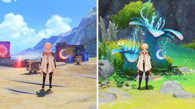 Genshin Impact 6.0 screenshot showing a player viewing an industrial plateau on the left and a player viewing glowing blue flowers on the right 