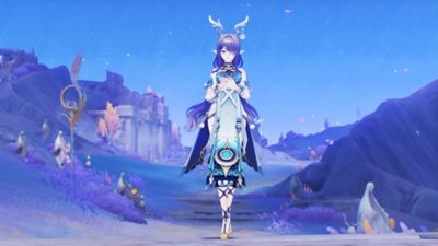 Genshin Impact 6.0 screenshot showing a character with antlers standing against a peaceful blue field