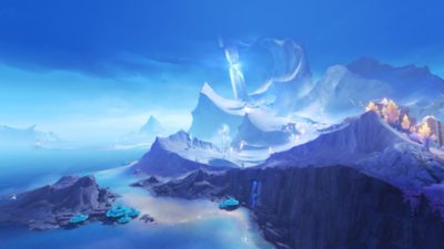 Genshin Impact 6.0 screenshot showing curving cliffs that reach up towards a giant rectangular structure at the top 