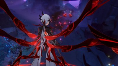 Captura de tela de Genshin Impact 6.1 mostrando personagem flutuando no ar com fios vermelhos de roupa saindo de si