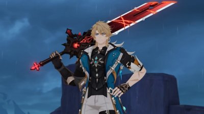Captura de tela de Genshin Impact 6.1 mostrando personagem segurando uma enorme espada vermelha