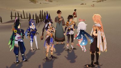 Captura de tela de Genshin Impact 6.1 mostrando vários personagens conversando