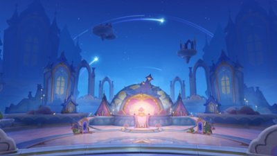 Captura de tela de Genshin Impact 6.1 mostrando uma cena de fantasia externa à noite