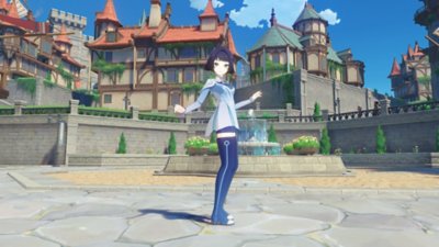 Captura de tela de Genshin Impact 6.1 mostrando personagem com cabelo curto, de roupa azul e de pé em uma praça da aldeia