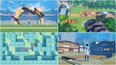 Captura de tela de Genshin Impact 6.1 mostrando quatro diferentes cenas de jogo