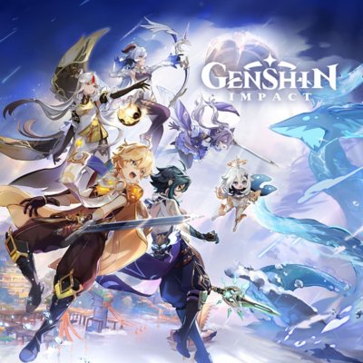 Cover-Art von Genshin Impact, das in der Mitte dein furchtloses Team zeigt, das bereit für den Kampf ist