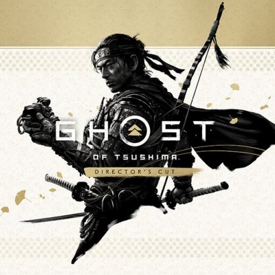 Arte promocional de Ghost of Tsushima: Versión del Director que muestra al personaje principal en una pose triunfal 