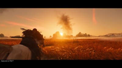 Ghost of Tsushima – In den Sonnenuntergang reitendes Pferd