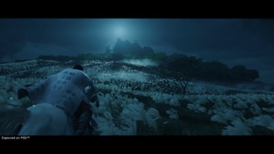ghost of tsushima horse riding in moonlight
