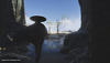 Ghost of Tsushima – snímek obrazovky ze hry se siluetou hlavní postavy Jina Sakaie na jasně modré obloze