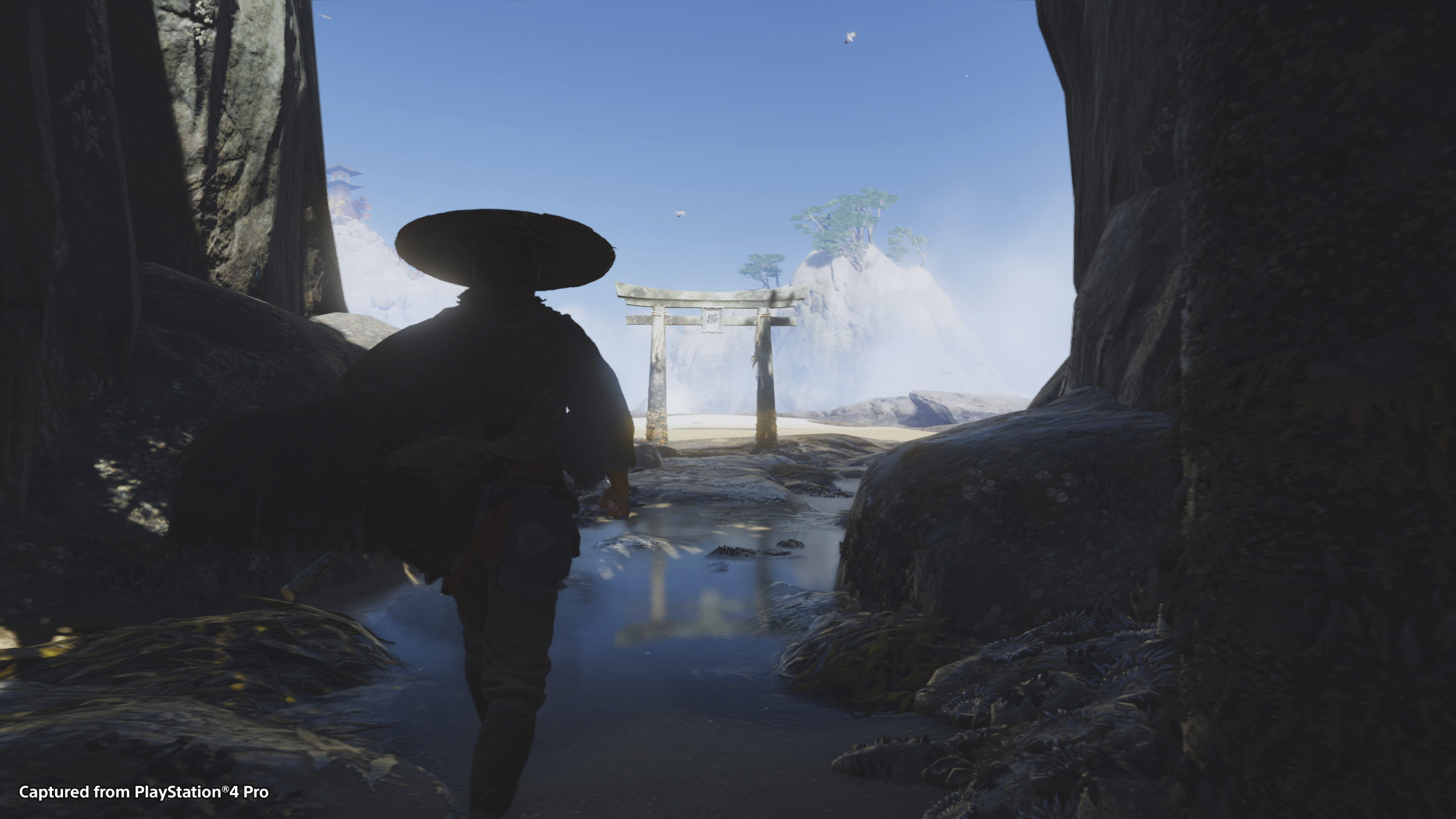 Ghost of Tsushima játékmeneti képernyőkép, amelyen a főszereplő Szakai Dzsin látható a ragyogó kék ég előtt.