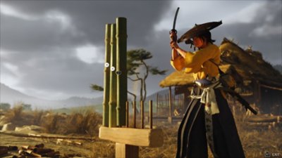 Gameplay screenshot from Ghost of Yōtei depicting a bamboo strike.
