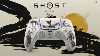 Ghost of Yōtei black controller on a expressive background with the game's logo
