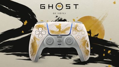 Ghost of Yōtei gold controller on a expressive background with the game's logo