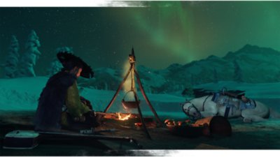 Gameplay screenshot from Ghost of Yōtei depicting Atsu resting at campfire.