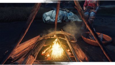 Gameplay screenshot from Ghost of Yōtei depicting a fish cooking over a campfire.