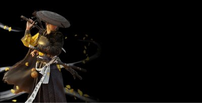 Kuva Atsusta pitelemässä katanaa toisella olkapäällään.