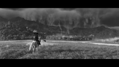 Black-and-white gameplay screenshot from Ghost of Yōtei depicting Atsu crossing field on horseback.