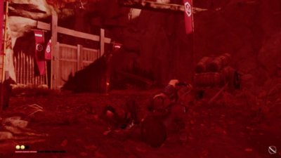 Gameplay screenshot from Ghost of Yōtei depicting an enemy wrestling Atsu to the ground.