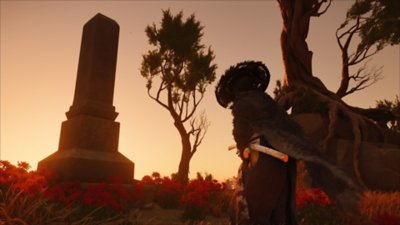 Gameplay screenshot from Ghost of Yōtei depicting a Pillar of the Fallen.