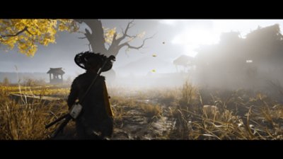 Cinematic screenshot from Ghost of Yōtei depicting Atsu kneeling in a misty, boggy landscape.